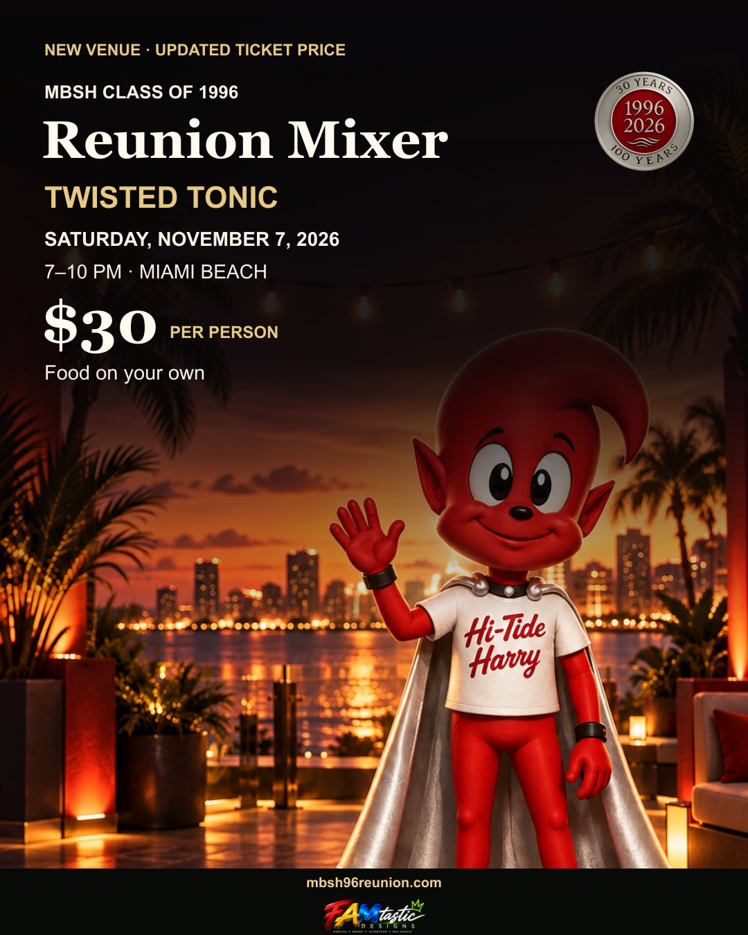 MBSH reunion mixer: Twisted Tonic, November 7, 7–10 PM. $30 per person. Food on your own.
